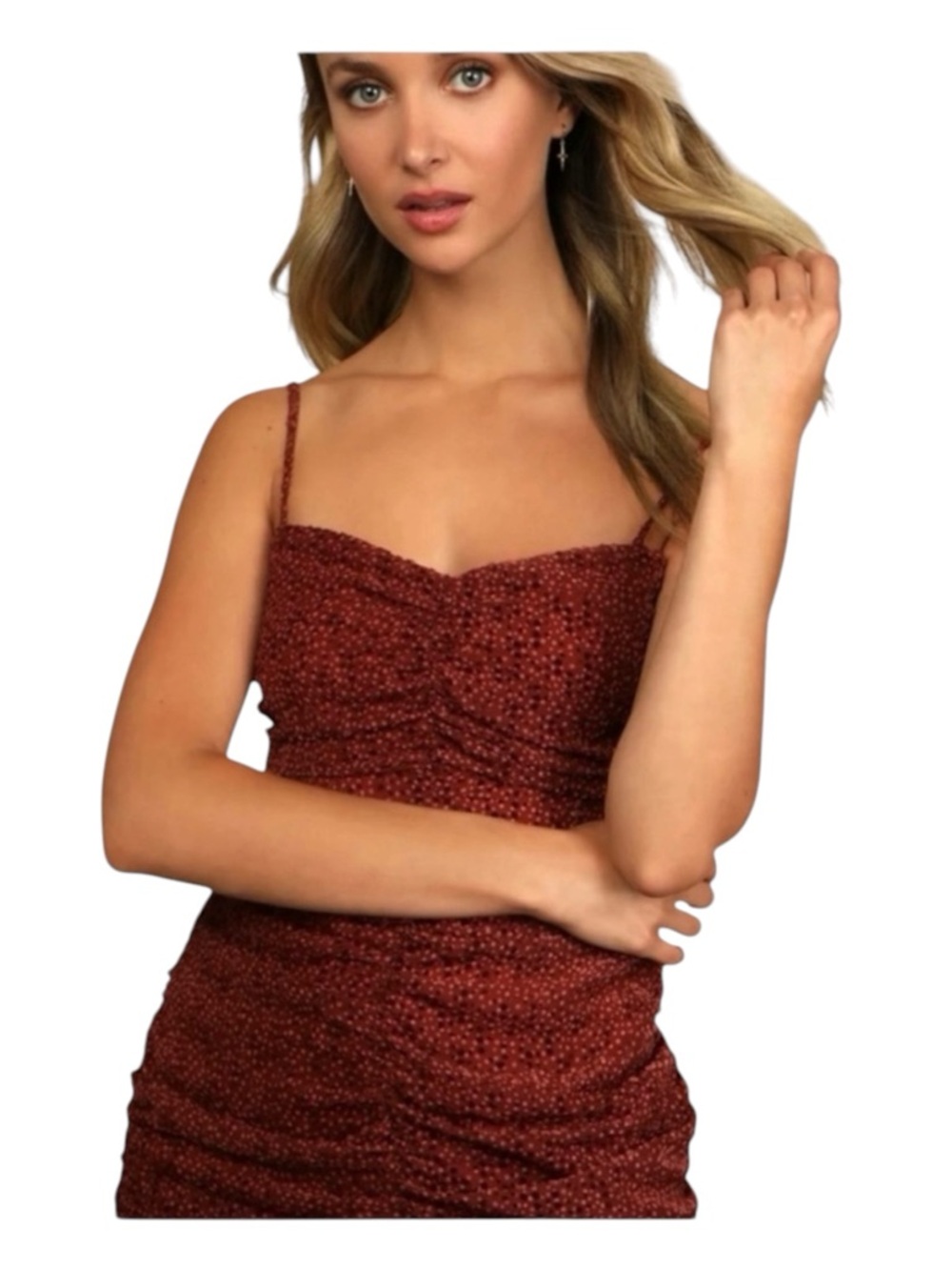 LULUS Marsala Multi Dot Velvet Ruched Mini Dress, Size L.
